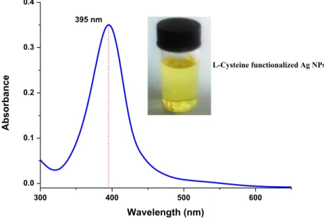 Fig. 1   SPR wavelength for  cyst-Ag NPs with inset figure  showing the corresponding  bright yellow colloidal sol