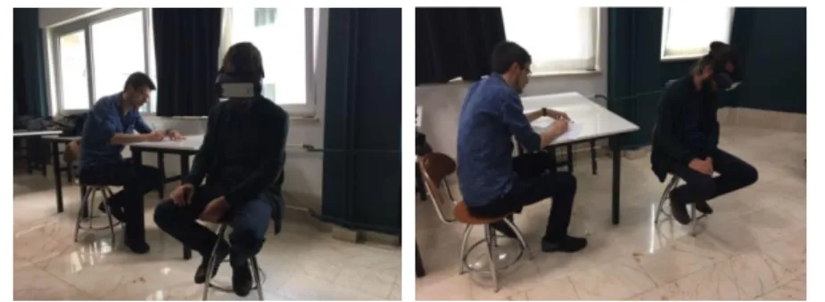 Figure  1.  Evaluations  of  spaces  by  the  students  using  virtual  reality  goggles  (It  was  taken  by  the  authors) 