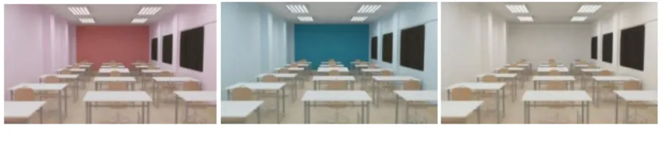 Figure  3.  Modeled  design  studios  according to warm, cool and neutral  colors (Drawing by authors)