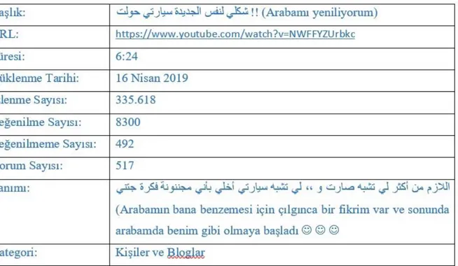 Tablo 7: Raneem Al Muhandis’in Arabamı Yeniliyorum Videosunun Genel Analizi 