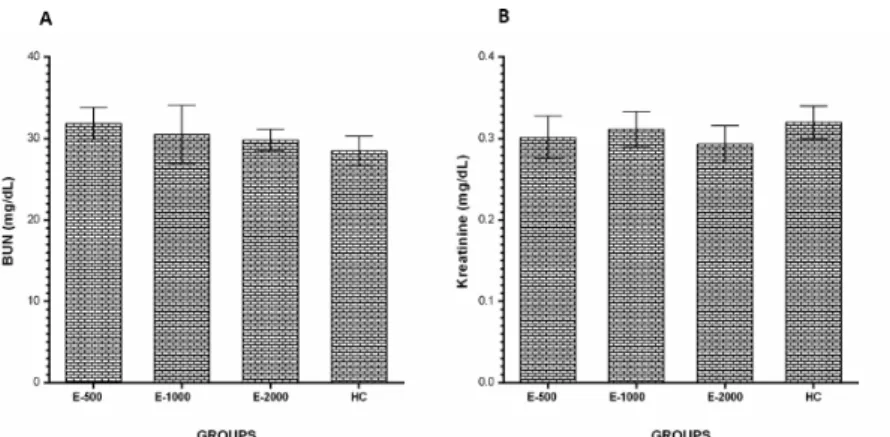 Figure 6 - BUN (A) and Creatinine (B) levels in the blood samples. E-500, E-1000 and E-2000 groups were  compared with the HC group.