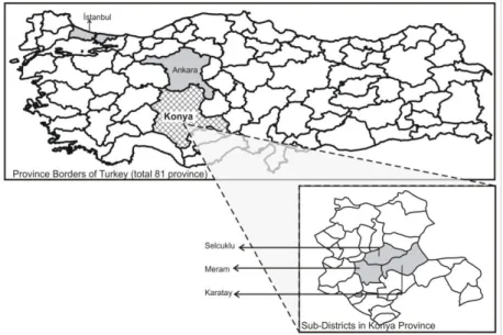Figure 1. The location of study area  within Turkey and Konya province 