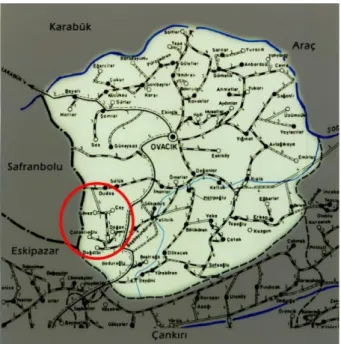 ġekil 2.2. Ovacık ilçesi fiziki haritası ve DudaĢ köyü (Ġnternet 5).  