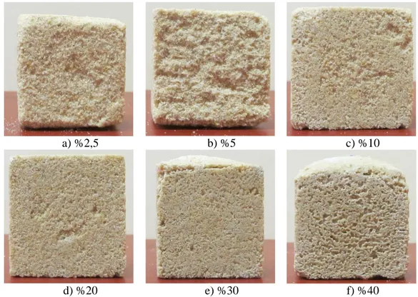 ġekil 5.2‟de ince kum kullanılarak farklı bağlayıcı oranları ile üretilen numunelerin  fotoğrafları verilmiĢtir