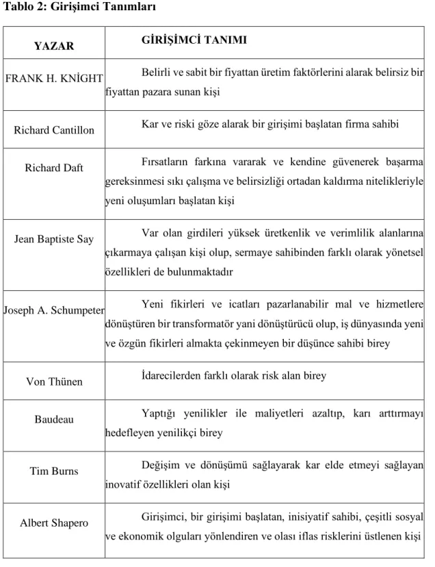 Tablo 2: Girişimci Tanımları  