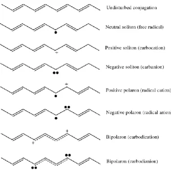 Figure 2.4. Polyacetylene’s soliton, polaron and bipolaron structures. 