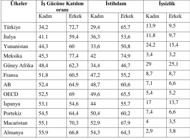 Tablo 2. Ülkelerde Cinsiyete Göre İş Gücü Durumu. 