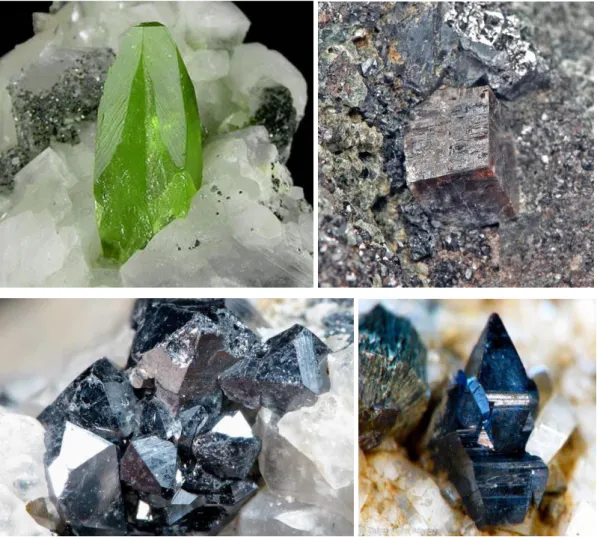 Figure 2.2. Secondary titanium ores: titanite [22], perovskite [23], brookite [24], and  anatase [25] – arranged from left to right and top to bottom, respectively