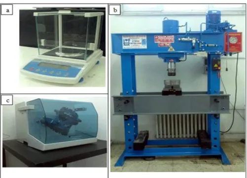 Şekil  4.2.  Deneysel  çalışmalarda  kullanılan  a)  hassas  terazi,  b)  hidrolik  pres  ve  c)   turbula cihazı görüntüleri