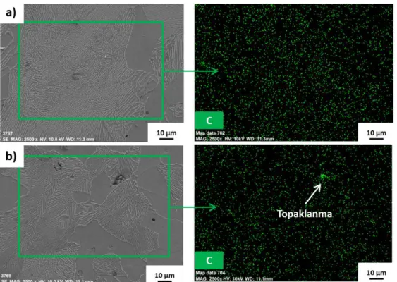 Şekil 6.2. a) Fe-0.75 Gr ve b) Fe-0.75 GNP için SEM-Haritalama sonuçları. 
