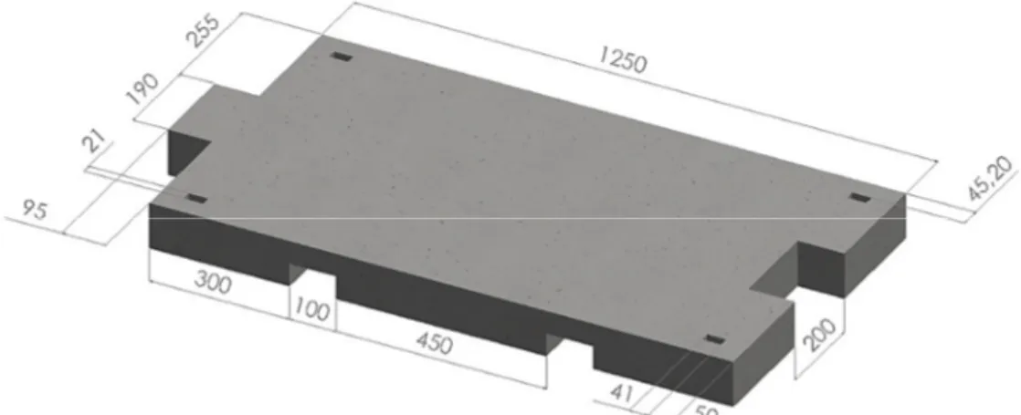 Şekil 3.13. YHB’lerin altında yer alan prefabrik beton tabla ölçüleri (mm). 