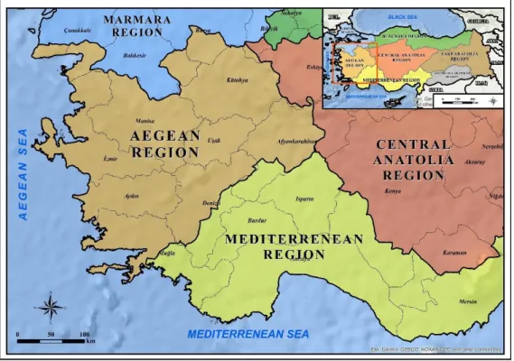 Figure 3.1: Location map of Aegean Region of Turkey. (Source: ESRI) 