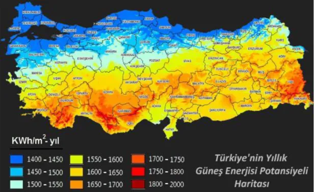 Şekil 1.2. Türkiye’nin yıllık güneş enerjisi potansiyeli haritası [4]. 