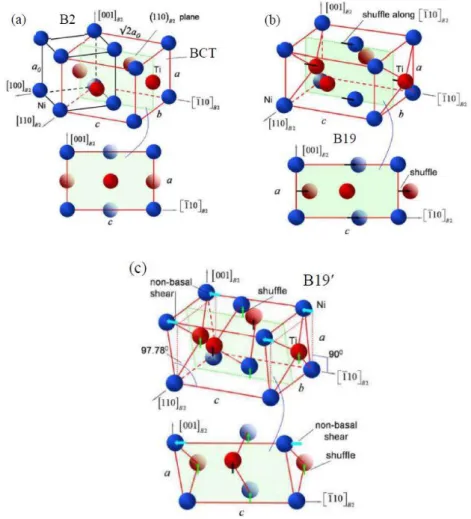 Figure 2.6. Typical phases in NiTi based shape memory alloys: (a) The B2 austenite,  which can also be represented by a BCT unit cell; (b) Orthorhombic B19  martensite [33]