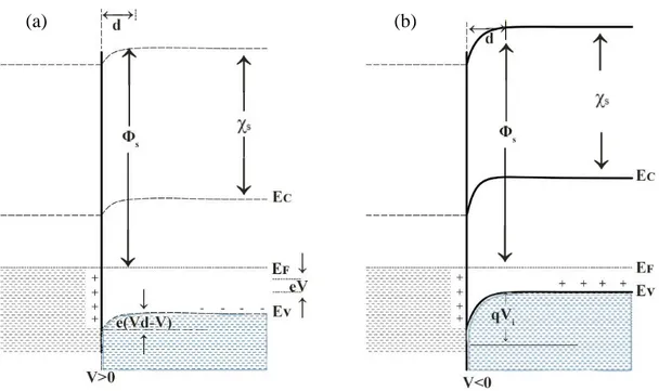 Şekil 2.3. MS Schottky kontağa a) ileri voltaj (V&gt;0) ve b) ters voltaj (V&lt;0) uygulandığı  zaman enerji bant diyagramı