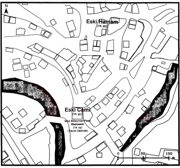 Şekil 4.1. 14. yüzyılda Safranbolu; Eski Cami, Eski Hamam ve Gazi Süleyman Paşa                   Medresesi (Hacısalihoğlu, 1995: 128) 