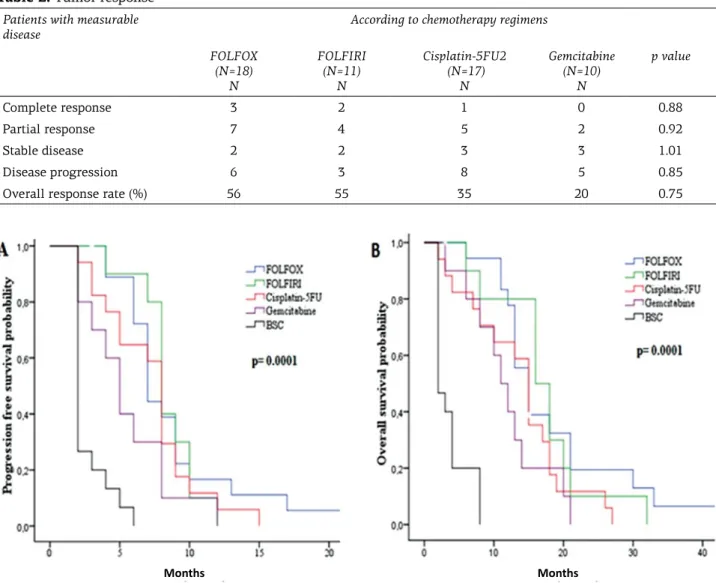 Figure 1. Progression-free survival (A) and overall survival (B) according to first-line chemotherapy subgroups and  best supportive care group