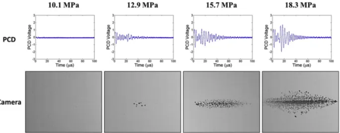 Fig. 4. Cavitation detection. Sample passive cavitation detection (PCD) signals (top) and high-speed optical imaging (bottom) were used for cavitation detection for cavitation threshold experiments