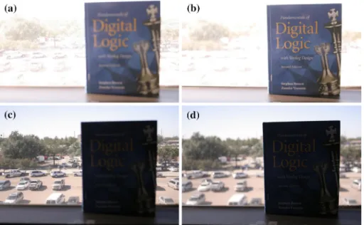 Fig. 3 Original four images with different focus regions and exposure levels. a Far focused with long (1/200 s) exposure