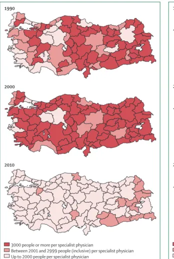 Figure 11: Population covered per general physician by province in 1990,  2000, and 2010