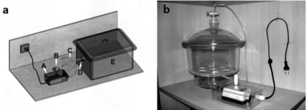 Figure 1. a: Shows technical drawing of the automated exposure apparatus of the experiment