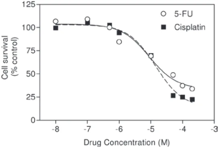 Figure 1. Determination of IC 50  values. Cells were treated for 24 h with  various concentrations of cisplatin and 5‑fluorouracil (5‑FU) as mentioned  in the Materials and methods