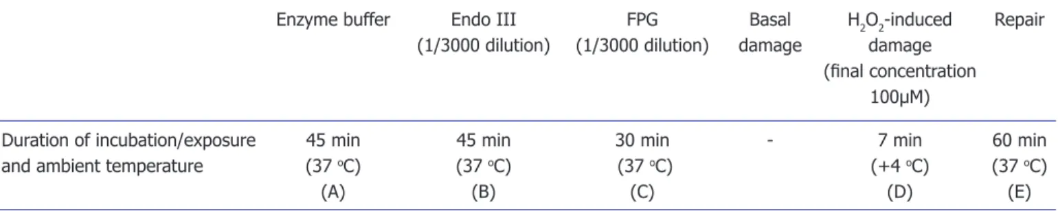 Table 2.  Experiment conditions and formulas used to evaluate basal damage, oxidative base damage, susceptibility to DNA dam- dam-age, and DNA repair capacity