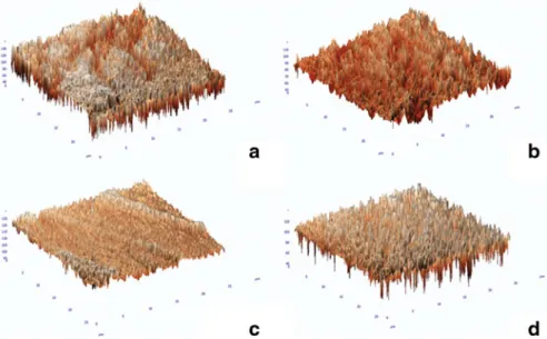 FIG. 4. Atomic force microscopy (AFM) images of Empress 2  ceram-ics. (a) SB-L; (b) HF-L; (c) L; (d) HF.
