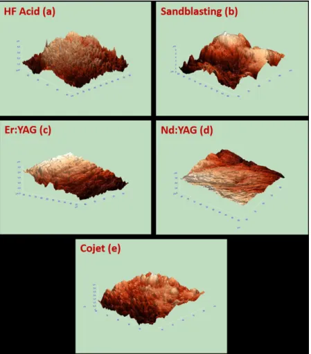 Figure 2 Atomic force micrographs of IPS e.max specimens subjected to different surface  treat-ments.