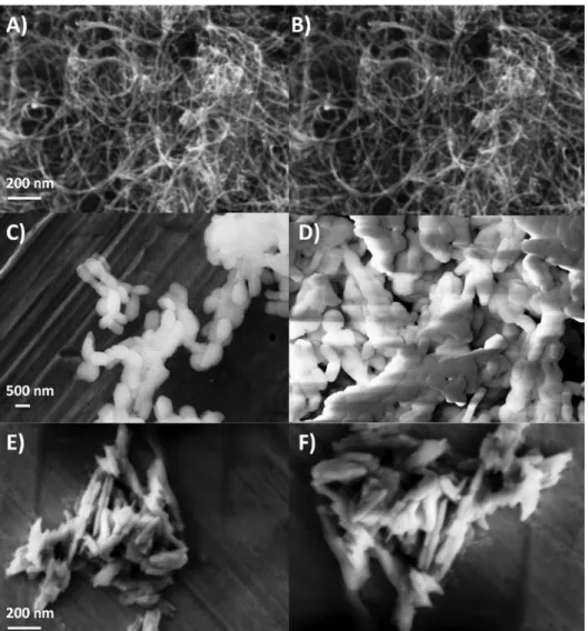FIGURE 2  - SEM analysis for A) pure CNTs (original magnification valueX100), B) CNTs loaded with LVF(original magnification  valueX100), C) pure SBA-15(original magnification valueX50), D) SBA-15 loaded with LVF(original magnification valueX50),  E) pure 