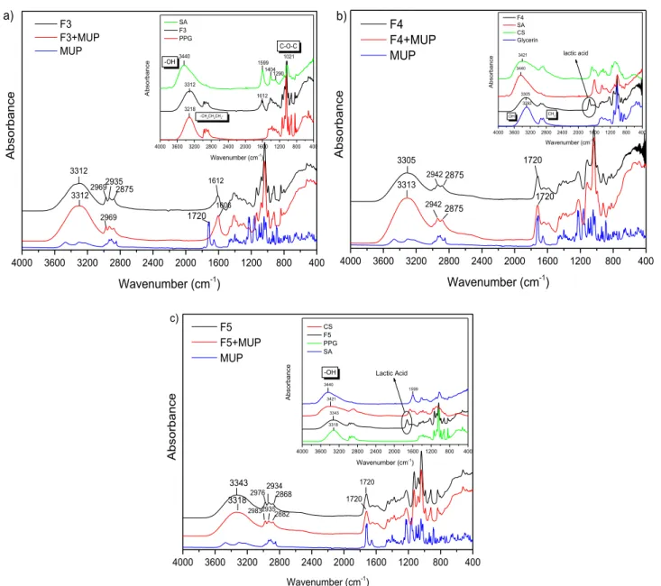 Fig. 3. FT-IR spectrum of (a) F3 formulation loaded with MUP. Inset: SA, PPG and F3 unloaded materials, (b) F4 formulation loaded with MUP