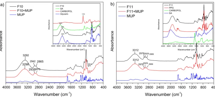 Fig. 5. FT-IR spectrum of (a) F10 formulation loaded with MUP. Inset: Carbopol, SA, Gly and F10 unloaded materials and (b) F11 formulation loaded with MUP