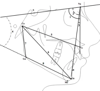 Figure 1  Cephalometric measurements. Skeletal angular measure- measure-ments (°): 1. SNA (the posteroinferior angle between anterior cranial  base and nasion-point A line), 2