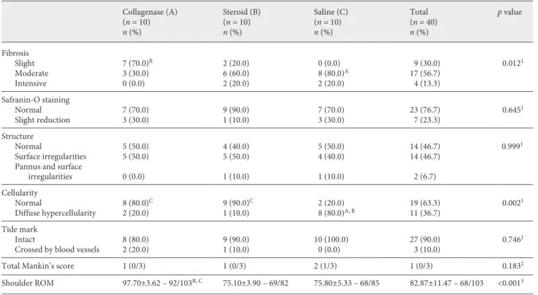 Table 2.  Mankin’s score, fibrosis, and shoulder range of motion according to the groups