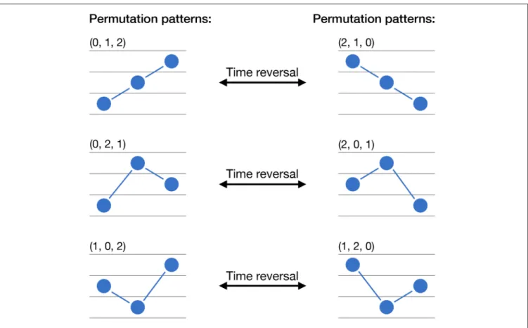 FIGURE 1 | Calculation of permutation patterns and irreversibility. The six graphs represent the six possible permutation of a time series values for D = 3