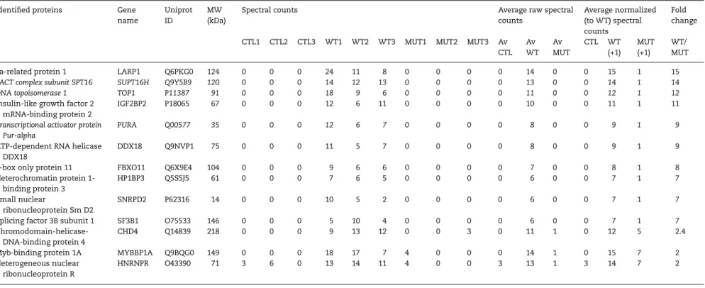 Table 4. Total spectrum count results from mass spectrometry identiﬁcation of PRDM5-interaction partners showing proteins demonstrating reduced interaction with p.Arg83Cys PRDM5 mutant construct versus the WT