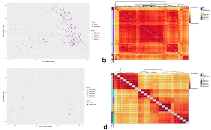 Figure 2.  Clustering of the selected datasets. Whole gene expression data-based principal component analysis  and sample-to-sample clustering heatmaps for control and regenerative samples of (a,b) Microarray  quantile-normalized, log2-transformed, z-score