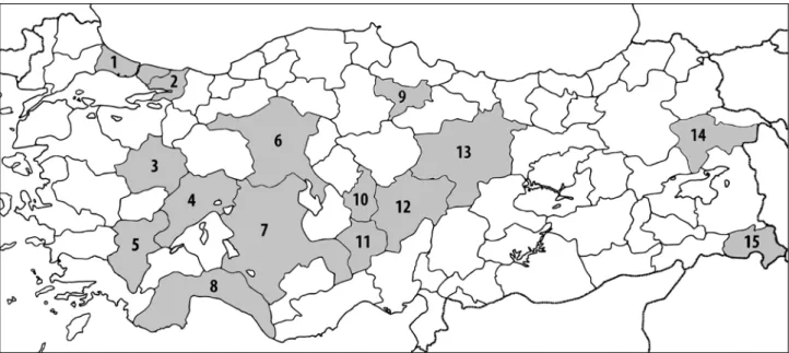 Fig. 1: Locations of DXA sites that contributed to the study: 1. Istanbul, 2. Kocaeli, 3
