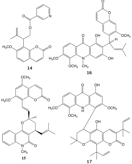Figure 4. Examples of coumarino-alkaloid compounds isolated from the Rutaceae plants. 