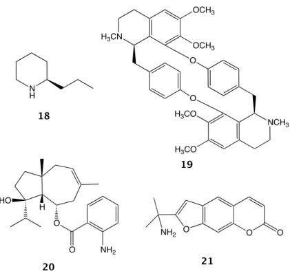 Figure 4. Examples of coumarino-alkaloid compounds isolated from the Rutaceae plants. 
