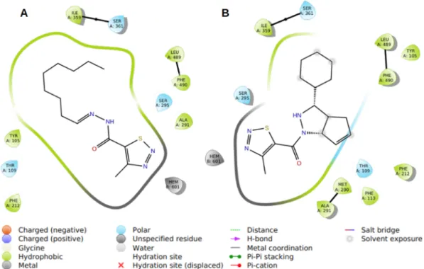 Fig. 7. The representation of the interactions between ligand and residues in the binding cavity from (A) compound 1d and (B) compound 2e.
