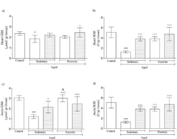 Figure 7. GSH and SOD levels in heart and aorta tissues of aged animals. *p<0.05, ***p<0.001 compared to  control  group;  +p<0.05,  +++p<0.001  compared  to  A-SED;  &amp;p<0.05  compared  to  A-CR  group