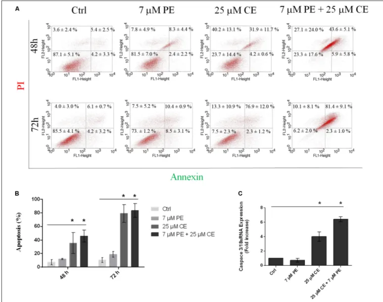 FIGURE 12 | Apoptotic cell death of HCT116 cells upon treatment with 25 µM CurcuEmulsome, 7 µM PiperineEmulsome and their combinations for 48 and 72 h.