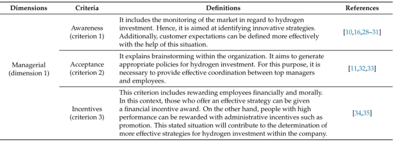 Table 1. Dimensions and criteria for hydrogen investment strategies.