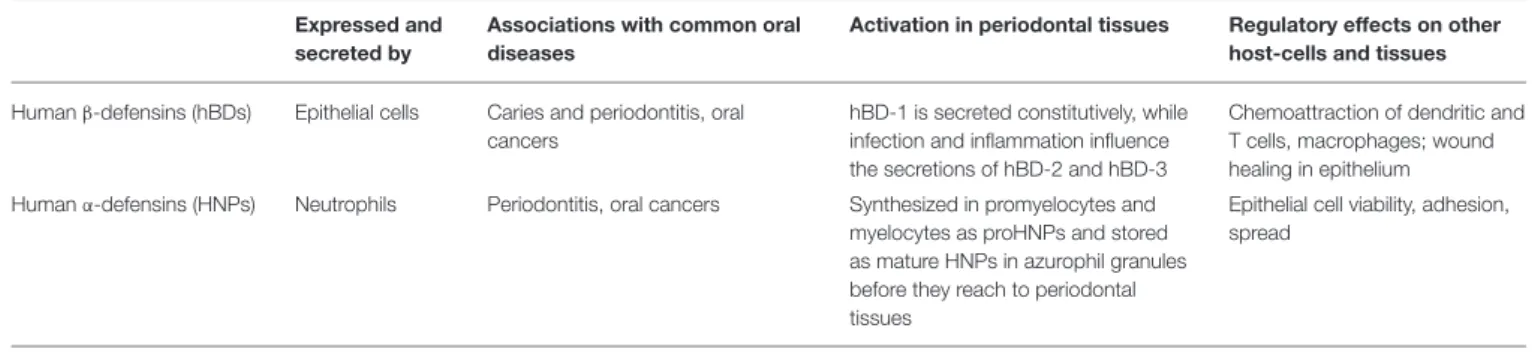 TABLE 1 | Comparisons between human β-defensins (hBDs) and human α-defensins (human neutrophil peptides, HNPs).
