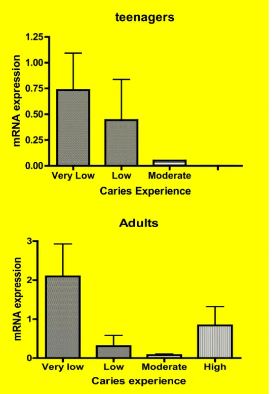 Fig 3. AQP5 expression in whole saliva based on caries experience in teenagers (above) and adults (below)