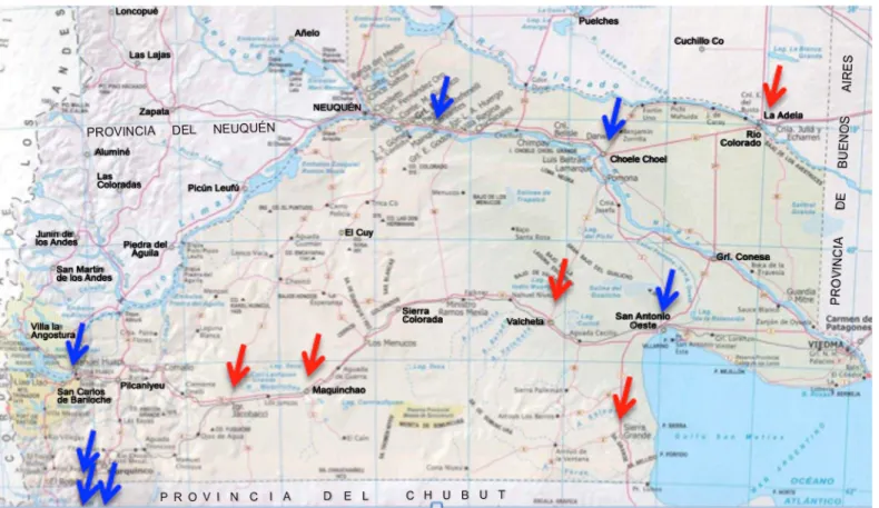 Fig 2. Arrows indicate sites where saliva samples were collected in Argentina. Red arrows indicate sites with very high frequency of cases with moderate to severe fluorosis and blue arrows sites where virtually no fluorosis cases were found.