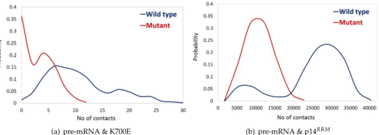 Figure 3. Probability plots of distributions of the number of contacts formed between (a) pre-mRNA and side chain of amino acid K700 in wild type shown in blue vs