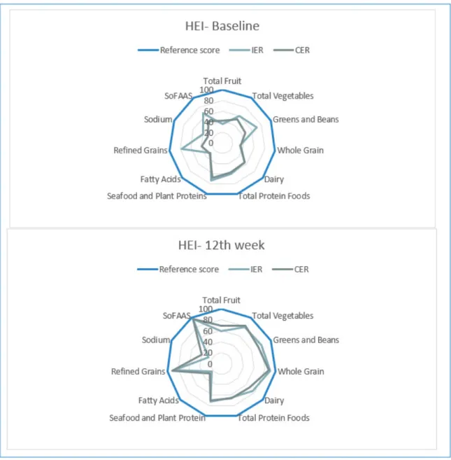 Figure 2. Healthy Eating Index (HEI-2010) components radar graphs for IER and CER groups  (baseline–12th week)