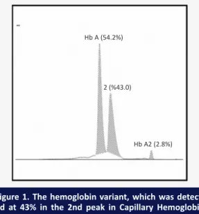 Figure 1. the hemoglobin variant, which was detect- detect-ed  at  43%  in  the  2nd  peak  in  Capillary  Hemoglobin  electrophoresis, conforms to the Hemoglobin Rainier  variant according to the method’s manual